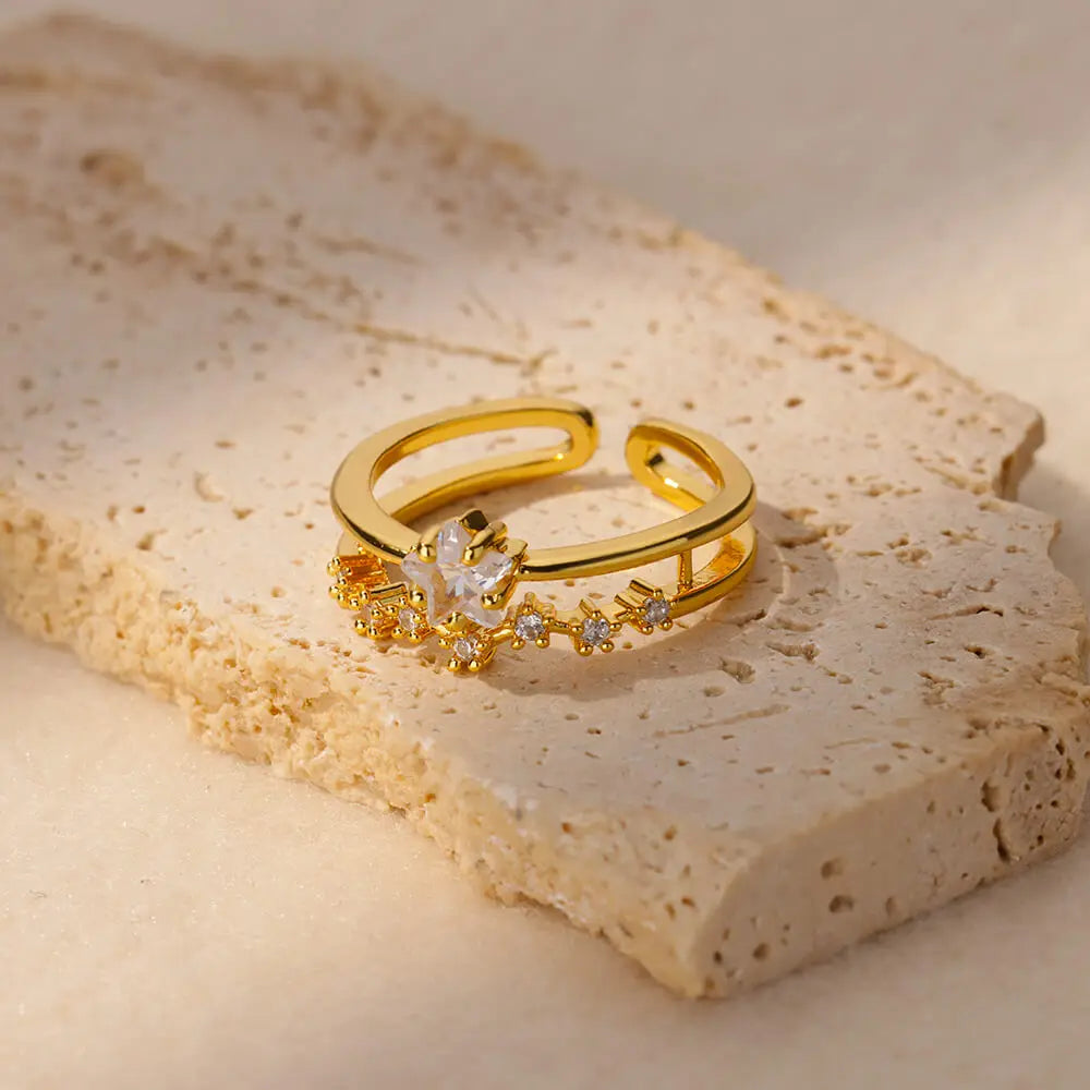 Zircon Geometric Heart Stainless Steel Gold Color Ring