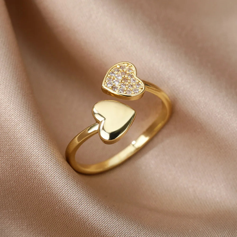 Zircon Geometric Heart Stainless Steel Gold Color Ring