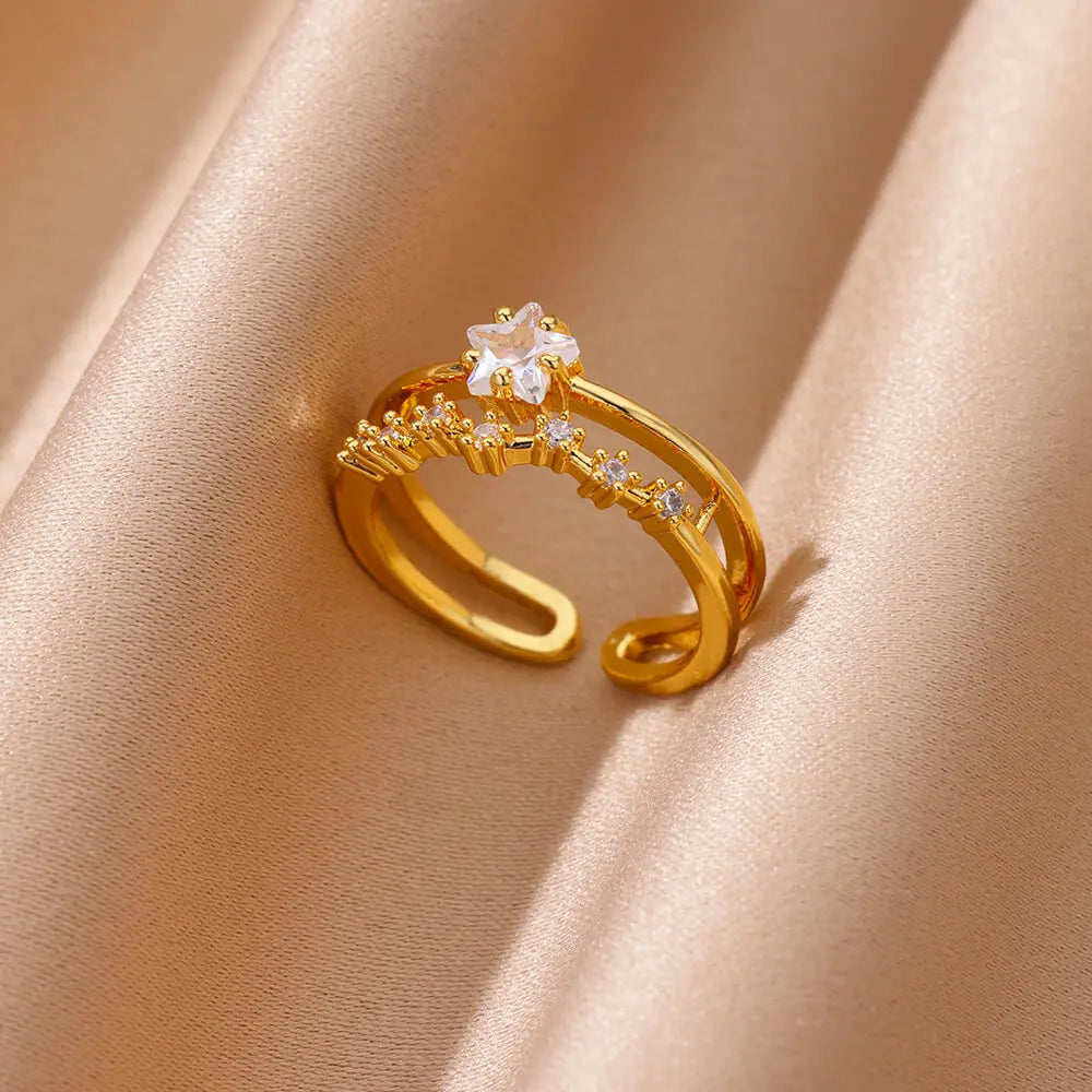 Zircon Geometric Heart Stainless Steel Gold Color Ring